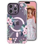 YeLoveHaw for iPhone 15 Pro Max Magnetic Phone Case for Women Girls, Rose Floral Green Leaves Pattern [Compatible with MagSafe] Slim Hard Clear Protective Cover for iPhone 15ProMax 6.7''(Pink Flower)