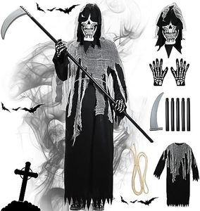FORMIZON Costume Déguisement Faucheuse, Grim Reaper Halloween, Robe Homme avec Crâne Calotte, Faux, Gants, Ceinture, Adulte Cosplay Fête Sur le Thème d'Halloween Carnaval