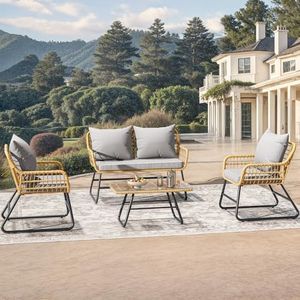 YITAHOME 4-Piece Patio Furniture Set, Wicker Outdoor Bistro Set, All Weather Rattan Patio Conversation Set with Soft Cushions and Glass Side Table for Backyard, Balcony, Deck - Light Grey
