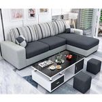 FURNY Lunoy 4 Seater Fabric RHS L Shape Sofa Set with 2 Puffy (Dark Grey-Light Grey)