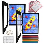 Kids Art Frame Black 2 Pcs – 8.5 x 11” Kids Artwork Frames Changeable with Color Pencils & Drawing Paper – Wall Mounted Picture Frames for Kid Art Work Vertical & Horizontal– Holds 50 Drawings