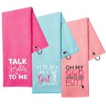 VERSRH 3 Packs Funny Golf Towels, Embroidered Golf Towels for Golf Bags with Holes and Clip for Girls Women, Gifts for Golf Fan, Golf Lover, Mother's Day, Birthday, Retirement Gifts (Pink，Rose, Blue)