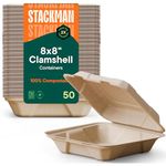 100% Compostable Clamshell Take Out Food Containers [8X8" 50-Pack] Heavy-Duty Quality to go Containers, Natural Disposable Bagasse, Eco-Friendly Biodegradable Made of Sugar Cane Fibers