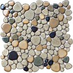 Primoon Pebble Stone Mosaic Tiles 5 Sheets, Beige Tan Brown Ceramic Mosaic Sheets Mesh Mounted 12x12, Glazed Porcelain Tile for Shower Floor Kitchen Bathroom Accent Wall Backsplash 【5 Sheets】