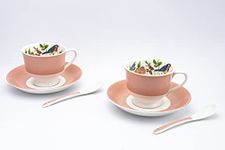 GOLDEN QUEEN'S Floral Cups, Saucer & Spoons Set for Coffee/Tea/Hot Drinks - Set of 6 Cups, 6 Saucers & 6 Spoons (Pink Bird)