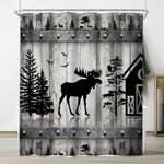 Riyidecor Rustic Barn Deer Shower Curtain 60Wx72H Inch Farmhouse Cabin Western Plank Pine Tree Plant Wildlife Animal for Man Bathroom Decor Fabric Polyester Waterproof 12 Pack Hooks