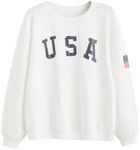 SweatyRocks Womens Casual Long Sleeve Crew Neck USA Letter Print Pullover Sweatshirt Solid White L