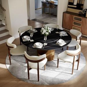 POVISON Modern Dining Table Set with Lazy Susan, 59" Sintered Stone Dining Table with 6 Dining Chairs Set, Matte Black with Bronze Sintered Stone Tabletop with Bronze Carbon Steel Pedestal