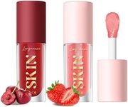 2Pack Big Brush Head Hydrating Lip Glow Oil Plumping Lip Tint, Hydrating Lip Gloss Tinted Lip Balm Transparent Lip Care, Long Lasting Nourishing Non-sticky Fresh Texture (Strawberry + Cherry)