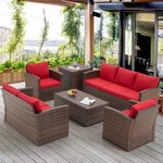 DEVOKO Outdoor 7-Seater Wicker Sectional Sofa Waterproof Outdoor Furniture with Cushions, Center Table and Side Table for Indoor and Outdoor (Dark Brown & Red)