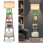 Floor Lamp with Shelves for Living Room， Standing Lamp，Tall Lamp， Amparas Elegantes para Sala with Linen Shade，Modern Floor Lamp for Living Room，Bedroom or Office（Black Floor Lamp）