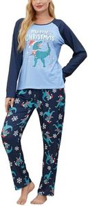 VENTELAN Womens Christmas Pajama Set Long Sleeve Pajamas Top and Pants Crew Neck 2 Piece Pjs Lounge Set Soft Sleepwear,Blue Dinosaur,L