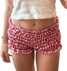 NUFIWI Women Lounge Shorts Gingham Plaid Print Y2k Low Rise Sexy Micro Shorts Pajama Bottoms Cute Sleep Shorts(C Plaid Red,M)