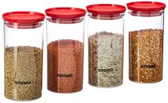 Amazon Brand - Solimo Plastic Storage Jar and Container Set I Air Tight & BPA Free Containers For Kitchen Storage Set I Grocery Kitchen Container Set I Multipurpose Jar, 1400 Ml Each, Set 4, Red