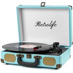 Vinyl Record Player 3-Speed Wireless Suitcase Portable Belt-Driven Record Player with Built-in Speakers RCA Line Out AUX in Headphone Jack Vintage Turntable Blue