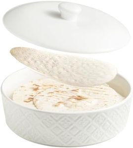 MISSYSSIM Tortilla Warmer, Embossed Tortilla Holder Servers with Lid, 8.8 Inch - Taco Tuesday, Taco Bar, Microwavable Storage Container, Ceramic Bread Warmer Pancake Warmer - Oven Safe, White