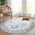 JINCHAN Round Rug 5ft Washable Rug Area Rug Indoor Vintage Rug Floor Cover Print Distressed Blue Multi Carpet Chenille Circle Rug 5' Round Accent Rug Non Slip Kitchen Living Room Bedroom Dining Room