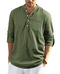 Enlision Mens T Shirt Cotton Linen Autumn Long Sleeve Collarless Grandad Button Down Causal ArmyGreen Henley Yoga Top M