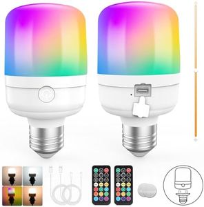 Eocean LED Rechargeable Light Bulb with Remote, E27 Battery Light Bulb with 12 Colors & Timer, Magnetically Detachable Wireless Light Bulb, Dimmable RGB Cordless Light Bulb for Non-Hardwired, 2 Pack