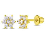 Gold Plated Clear CZ Flower Screw Back Earrings for Babies, Toddlers, and Little Girls - Adorable and Lovely CZ Flower Earrings with Safety Screw Back Locking for Safe & Comfortable Use