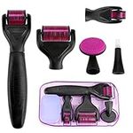 E-More Derma Roller, 6 in 1 Microneedle Derma Roller Kit Titanium 0.5/1.0/1.5/2.0mm Micro Needle Silicone Brush and Disinfecting Tray for Skin Regeneration, Anti Ageing, Wrinkle Cellulite, Black