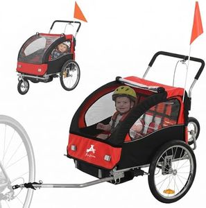 Aosom 2-Seat Bike Trailer for Kids, 2-in-1 Baby Stroller Bicycle Trailer 88 lbs Load with 5-Point Harness, Rubber Wheels, Storage, Safety Flag, Reflectors, Foldable Frame, Red