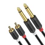 J&D Dual 1/4 inch TS to Dual RCA Stereo Audio Interconnect Cable, Gold Plated Audiowave Series 2X 6.35mm Male TS to 2 RCA Male Stereo Audio Adapter with PVC Shelled Housing and Nylon Braid, 6 Feet/1.8 Meter