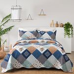 Dinjoy Reversible Patchwork Quilt Bedding Set King Size Blue Green Grey Plaid Floral Pattern Bedspread Set Soft Microfiber Coverlets Bed Set 3 Pieces Fall Autumn All Season Use