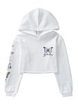 ranrann Kids Girls Fashion Cute Plaid Pattern Printed Long Sleeves Hooded Sweatshirt Crop Tops White Butterfly 11-12 Years