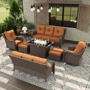 Aeeiua 8 Piece Patio Furniture Set with Fire Pit Table, All-Weather Wicker Outdoor Conversation Set with Swivel Rocking Chair and 6 Inch Thick Cushions