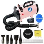 Xapigo 2800W Dog Dryer, Pet Grooming Hair Dryer - Dog Hair Dryer with Adjustable Temperature and Speed for Pet Grooming，with Pet Steel Comb, Pet Towel, 5 Different Nozzles. (Pink)