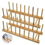 LZYMSZ Set of 2 Bamboo Wooden Dish Rack, Plate Rack Stand Pot Lid Holder, Kitchen Cabinet Organizer for Bowl, Cup, Cutting Board and More