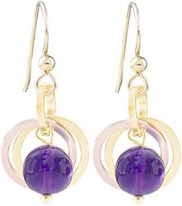 Dainty Dark Purple Genuine 8MM Amethyst Dangle Earrings with 14K Yellow and Rose Gold-Filled Circles Classy Minimalist February Birthstone Jewelry Gift Idea for Women