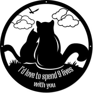 9 Lives Cat Couple Hanging Metal Wall Sign - I'd Love To Spend 9 Lives with You Decorative Accent Home Decor Sign - Cat Lover Anniversary Married Husband Wife - Made in USA - 14 Inch - Black