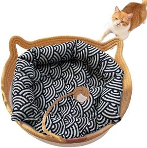 FHKPET Instinct Basket, Stimuli Handwoven cat Basket Rope Cotton with Cushion, Eliminates Bed Rejection Round Pet Basket, Boho Catbed for Cats Handwoven Scratchable Breathable Weave (Large-A)