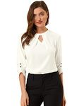 Allegra K Women's Dressy Shirt Work Office Top Keyhole Pleated Front Ruched 3/4 Sleeve Chiffon Blouse, White, Small