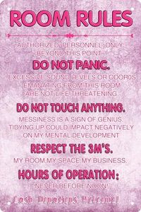 Pink Teen Girl Bedroom Wall Art Decor Cute Metal Tin Sign With Room Rules Aesthetic and Preppy Decorations for Bedroom 12 X 8 Inch