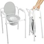Vive Bedside Commode Toilet Chair (Folding) - 350 lb Capacity, Safety Rail, Shower Chair - 3 in 1 Heavy Duty Bariatric Bucket with Padded Arms, Tight Lid – Portable Seat for Home - Steel