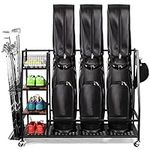 Sttoraboks 3 Golf Bags Storage Garage Organizer, Golf Bag Rack Fits 3 Golf Bags and Golf Equipment Accessories, Golf Club Storage Stand with Wooden Shelf and Lockable Wheels for Garage Indoor Basement