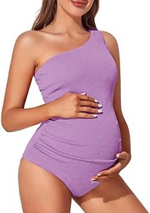 Summer Mae Maternity Swimsuit One Piece One Shoulder Ribbed Pregnancy Bathing Suit, Violet, Large