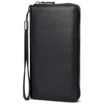 Women RFID Blocking Wallet Leather Zip Around Phone Clutch Large Travel Purse Wristlet (Black)