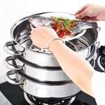 Chynalys 1 Set 3-Tier Stainless Steel Steamer Multi-Cooker Food Steamer Large Size Cooking Pot Cookware Food Steamer Pot with Glass Lid for Use on Gas, Electric, Induction and Stoves (Silver)