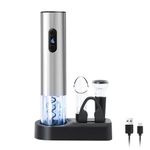 ELMWAY Electric Wine Opener Set, Rechargeable Wine Bottle Opener with Storage Base/LED Indicator, Wine Corkscrew Remover, Automatic Wine Opener Gift for Home Bars(Stainless Steel)