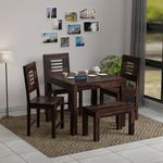 MURALICRAFT Wooden Dining Table 4 Seater | Dinner Table, 3 Chairs & 1 Bench | Four Seater Dinning | Solid Wood Sheesham, Walnut Finish