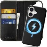 SHIELDON Wallet Case for iPhone 16 5G 6.1", Genuine Leather Detachable Book Flip RFID Blocking Card Slot Magnetic Shock Absorbing Wireless Charging Case Compatible with iPhone 16 - Retro Black