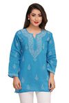 Ada Women's Cotton Top Tunic Hand Embroidered Lucknowi Chikankari Short Kurti A210673 Blue (L)