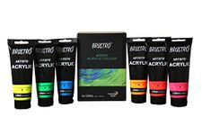 BRUSTRO Artists Acrylic Paint 120ml, Pack of 6 Fluorescent Shades (Red, Pink, Orange, Blue, Green & Yellow)