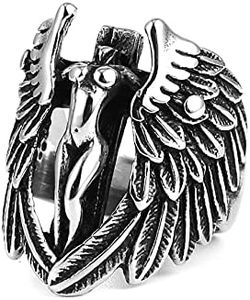 HZMAN Vintage Archangel Goddess Feather Angel Wing Stainless Steel Ring for Men Women (Silver,8)