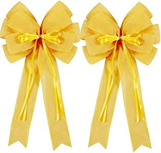 2 Pcs Large Easter Spring Wreath Bow Decor,Easter Tree Topper Bow Decorations,Decorative Bow with Yellow Burlap and Glitter String for Holiday Home Front Door Outdoor