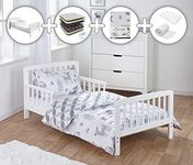 ELEGANT BABY Complete 7 Piece Kids White Toddler Bed Bundle with Spring Mattress and Woodland Tales Reversible Bedding Set | Junior Bed and Children's Bed